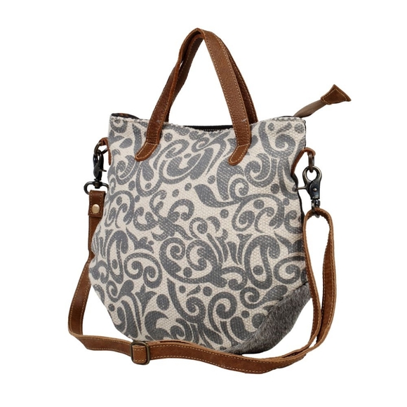 Myra Playful upcycled canvas crossbody with leather and hairon - Picture 3 of 5